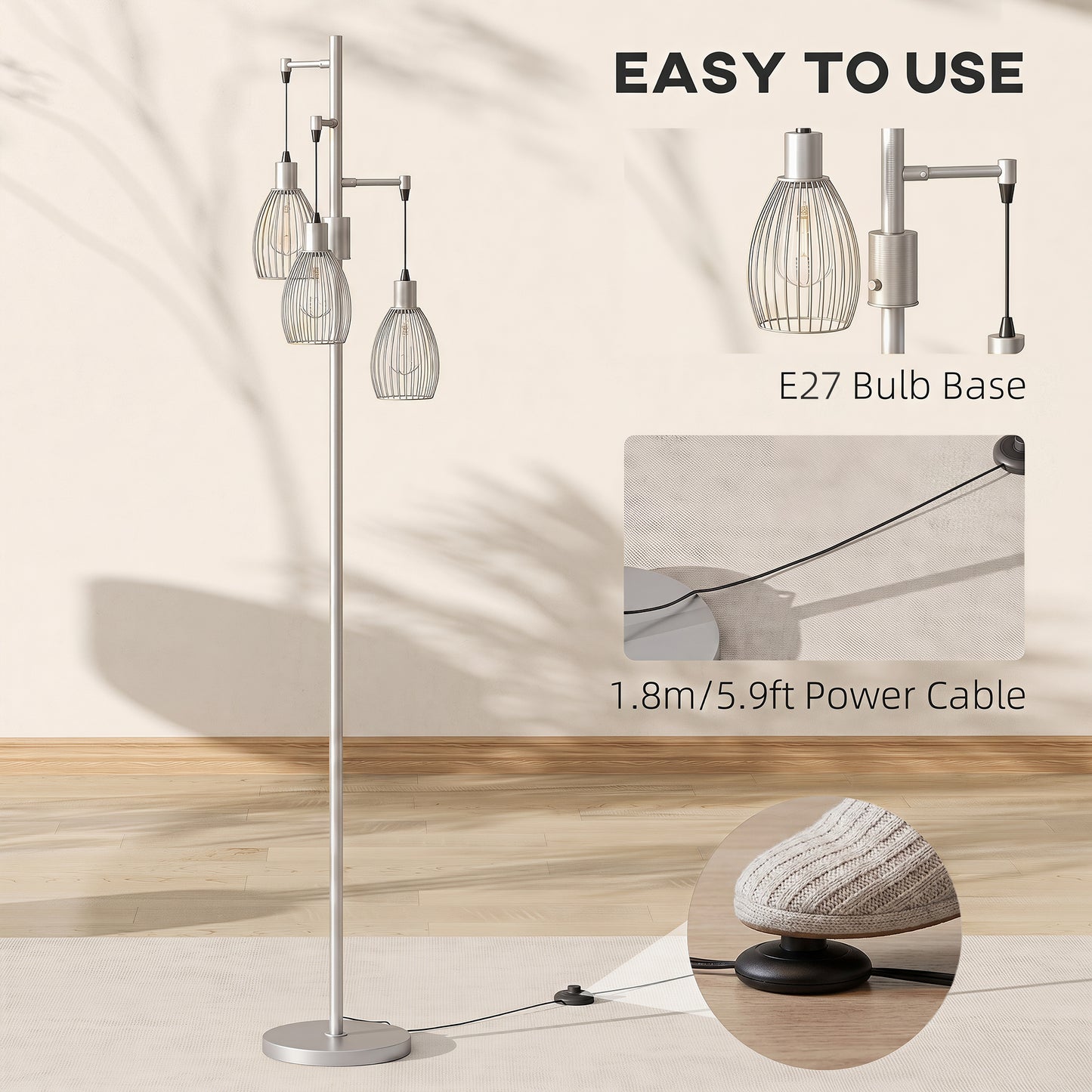 Industrial 3-Light Floor Lamp Dimmable LED Standing Lamp, Silver Tone