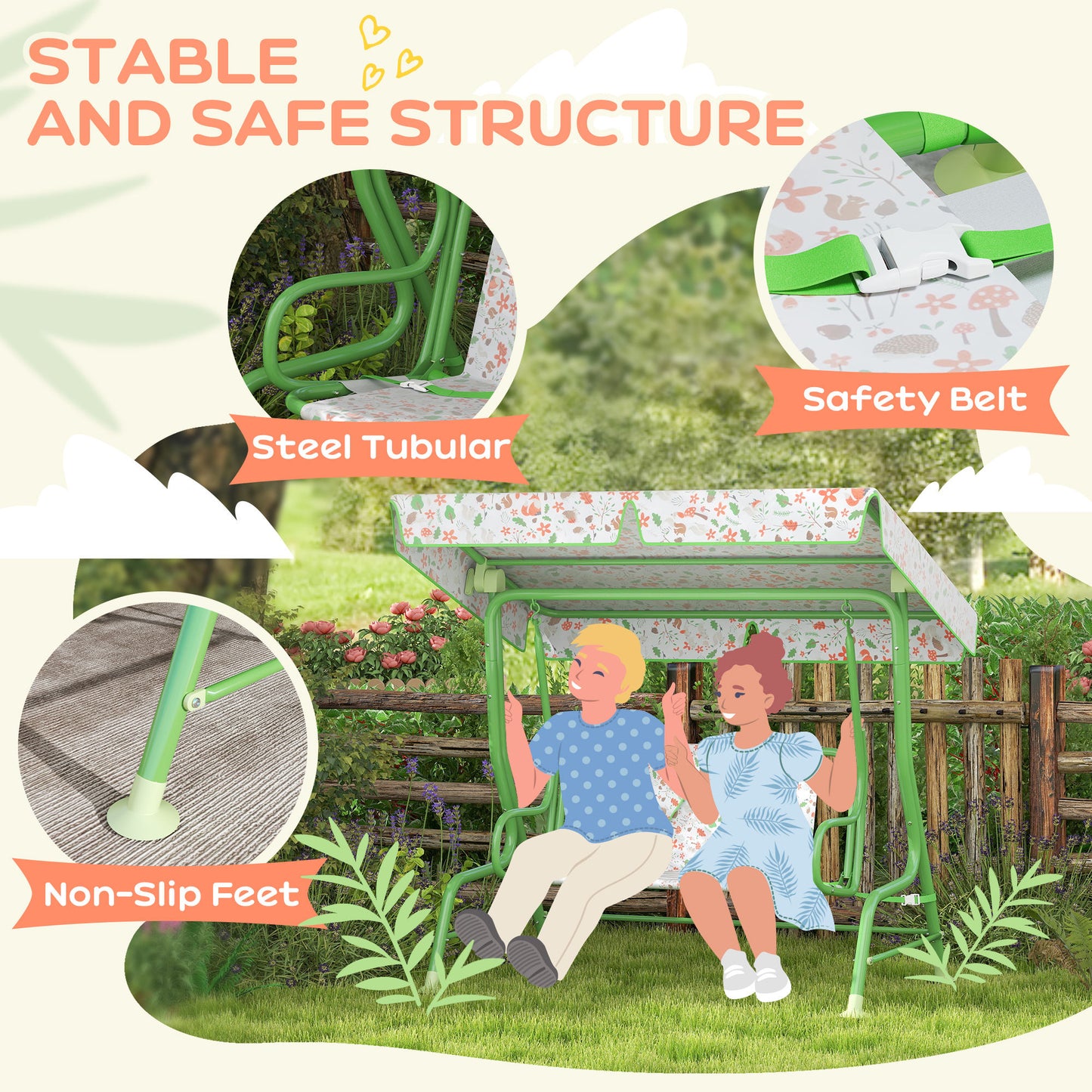 Kids Garden Swing Chair, Swing Seat with Adjustable Canopy, Green