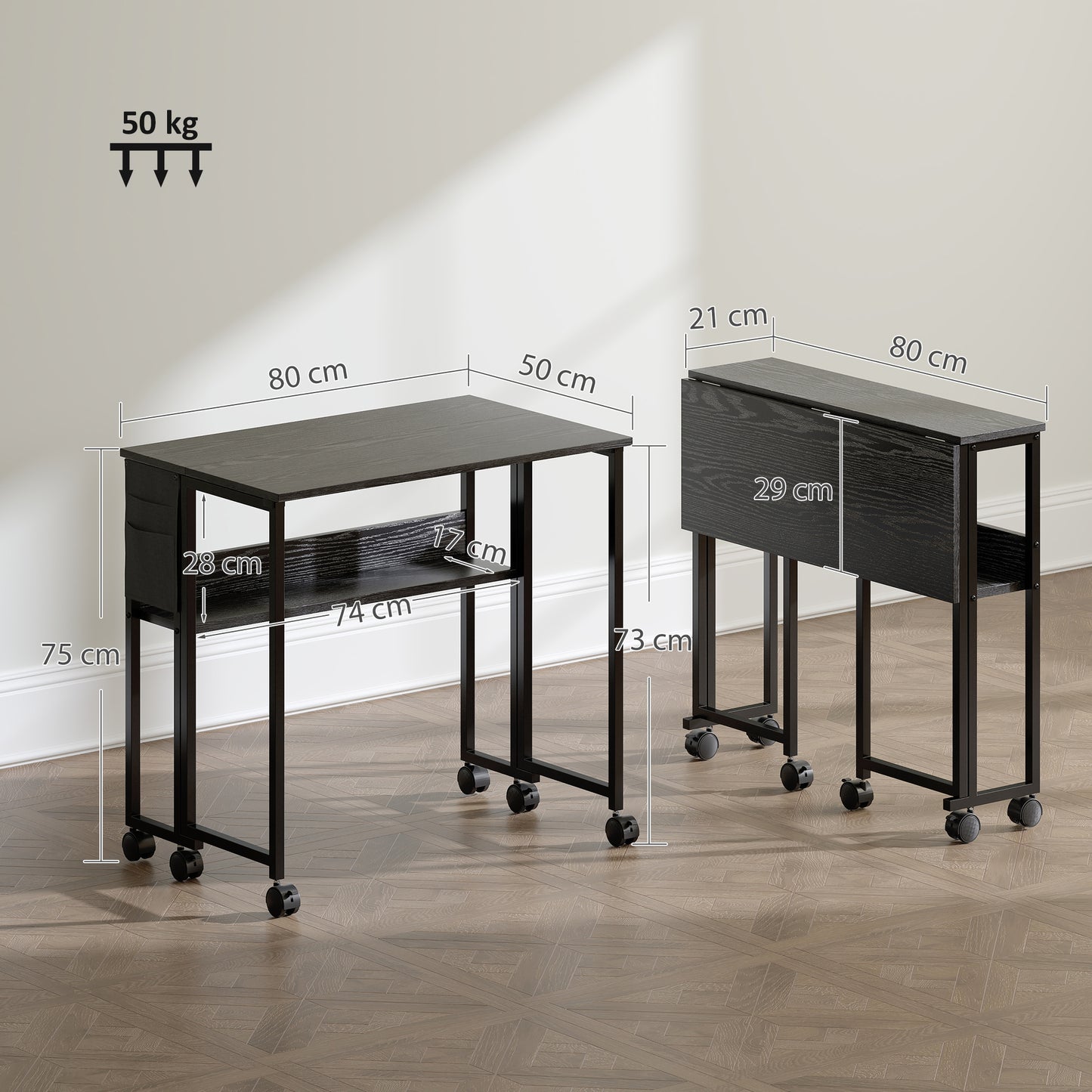 80 cm Foldable Computer Desk on Wheels for Small Spaces, Black