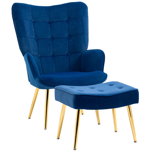 Upholstered Armchair w/ Footstool Set, Modern Button Tufted Accent Chair w/ Gold Tone Steel Legs, Wingback Chair, Blue