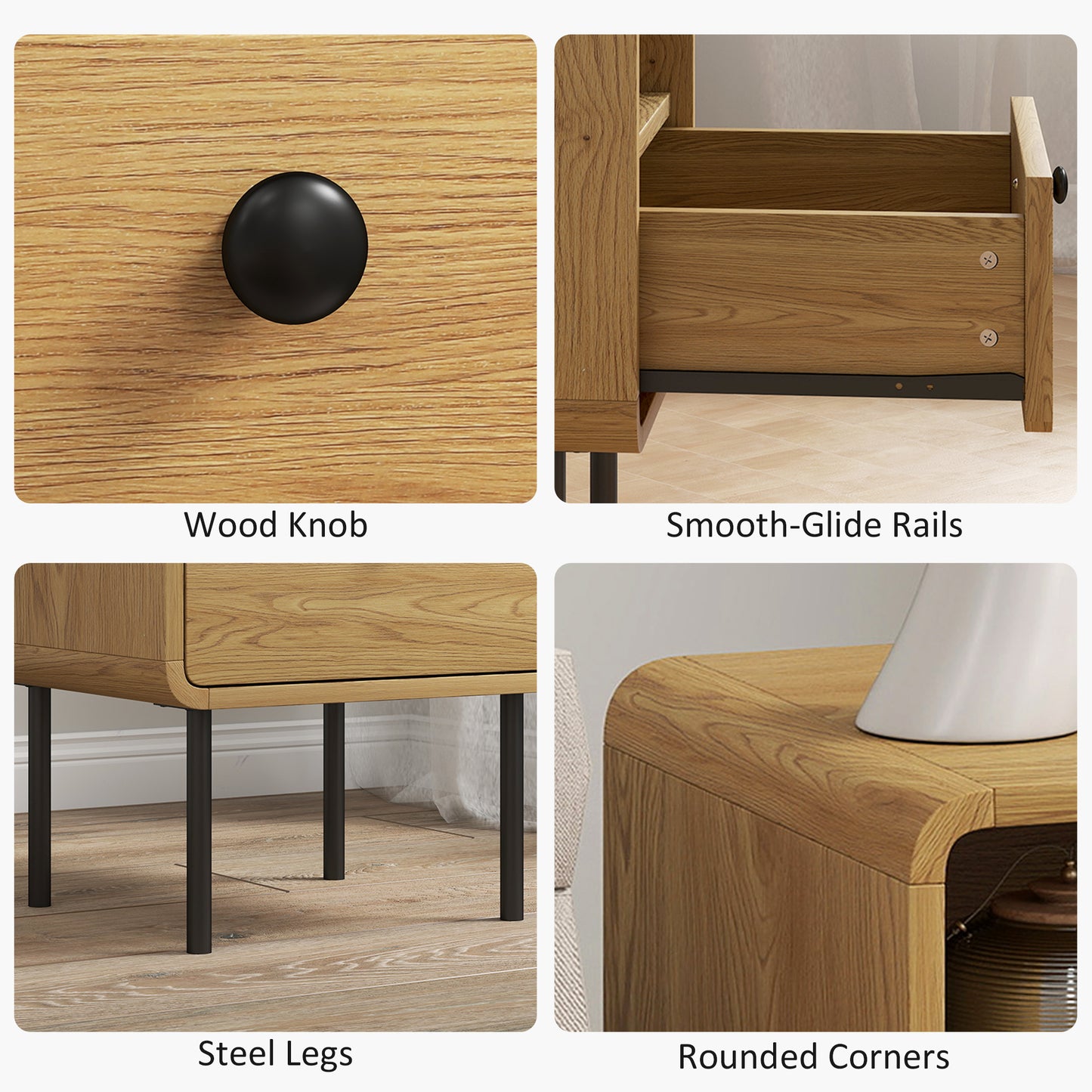 Bedside Table with Drawer and Shelf, Modern Bedside Cabinet, Oak