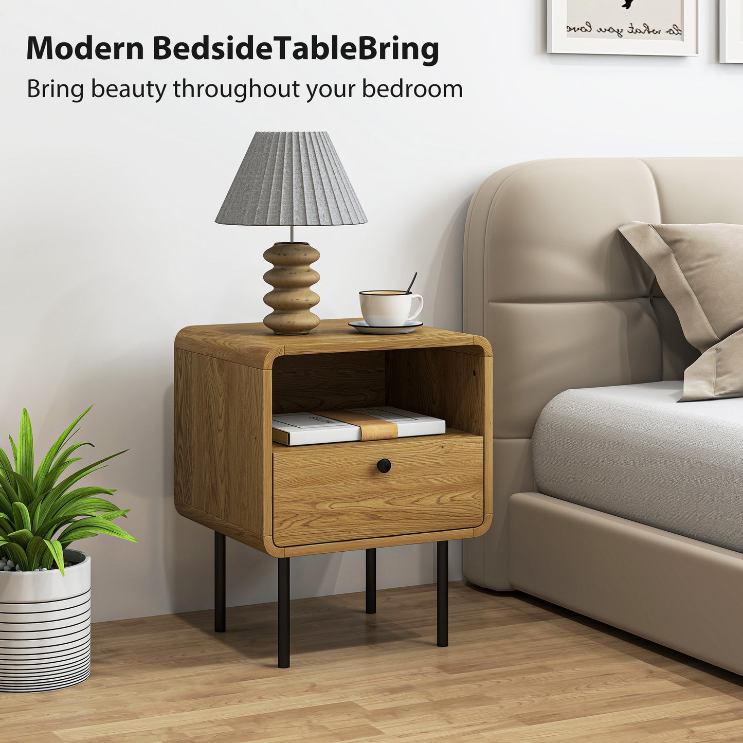 Bedside Table with Drawer and Shelf, Modern Bedside Cabinet, Oak