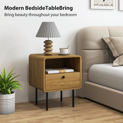 Bedside Table with Drawer and Shelf, Modern Bedside Cabinet, Oak