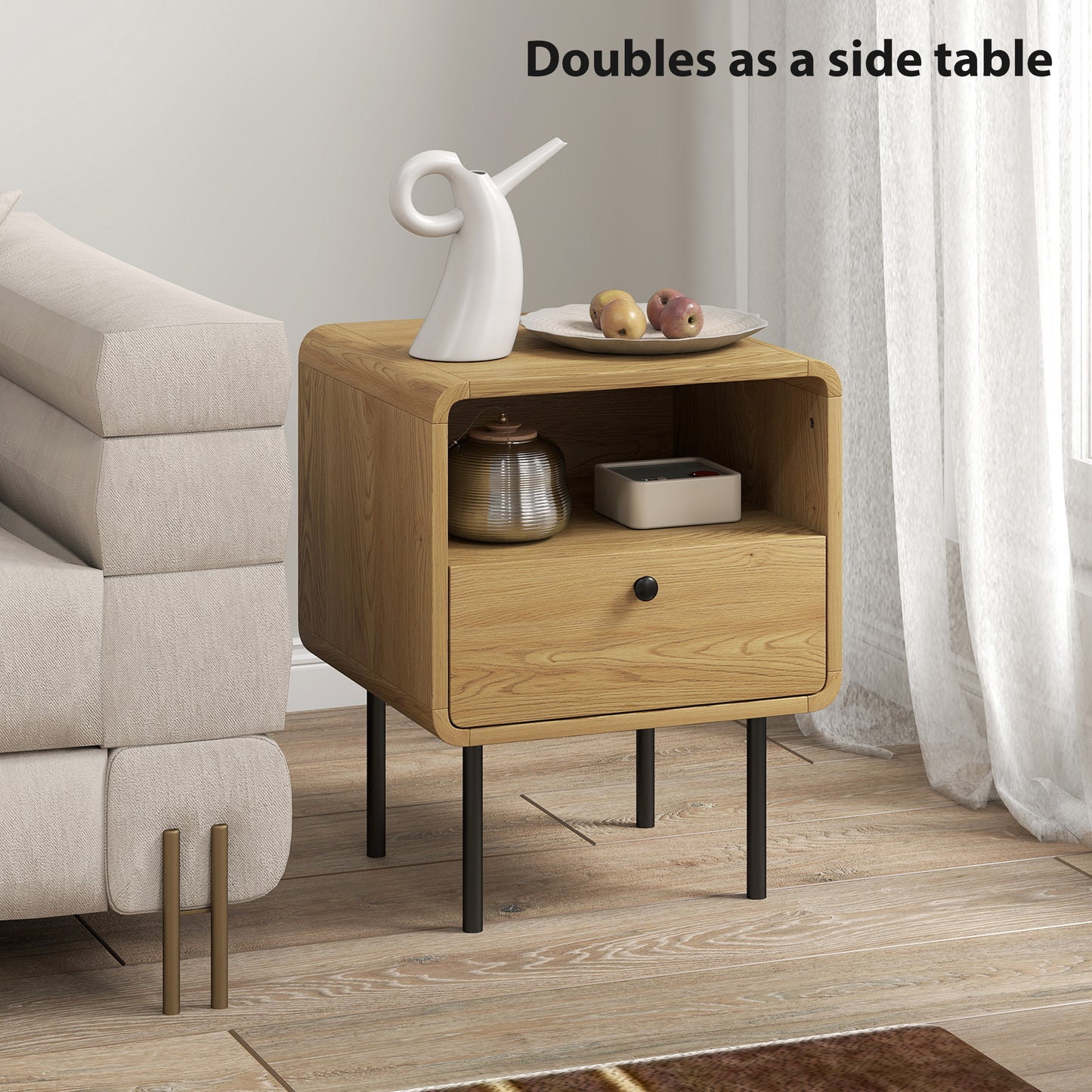 Bedside Table with Drawer and Shelf, Modern Bedside Cabinet, Oak