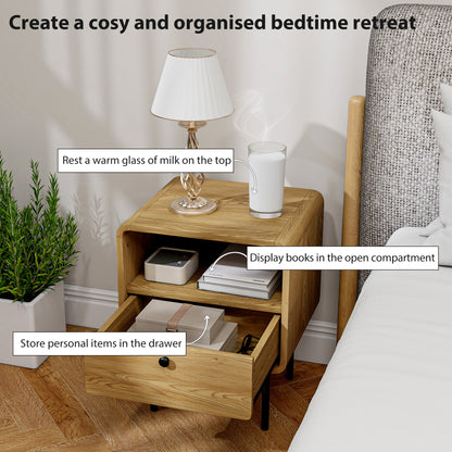 Bedside Table with Drawer and Shelf, Modern Bedside Cabinet, Oak