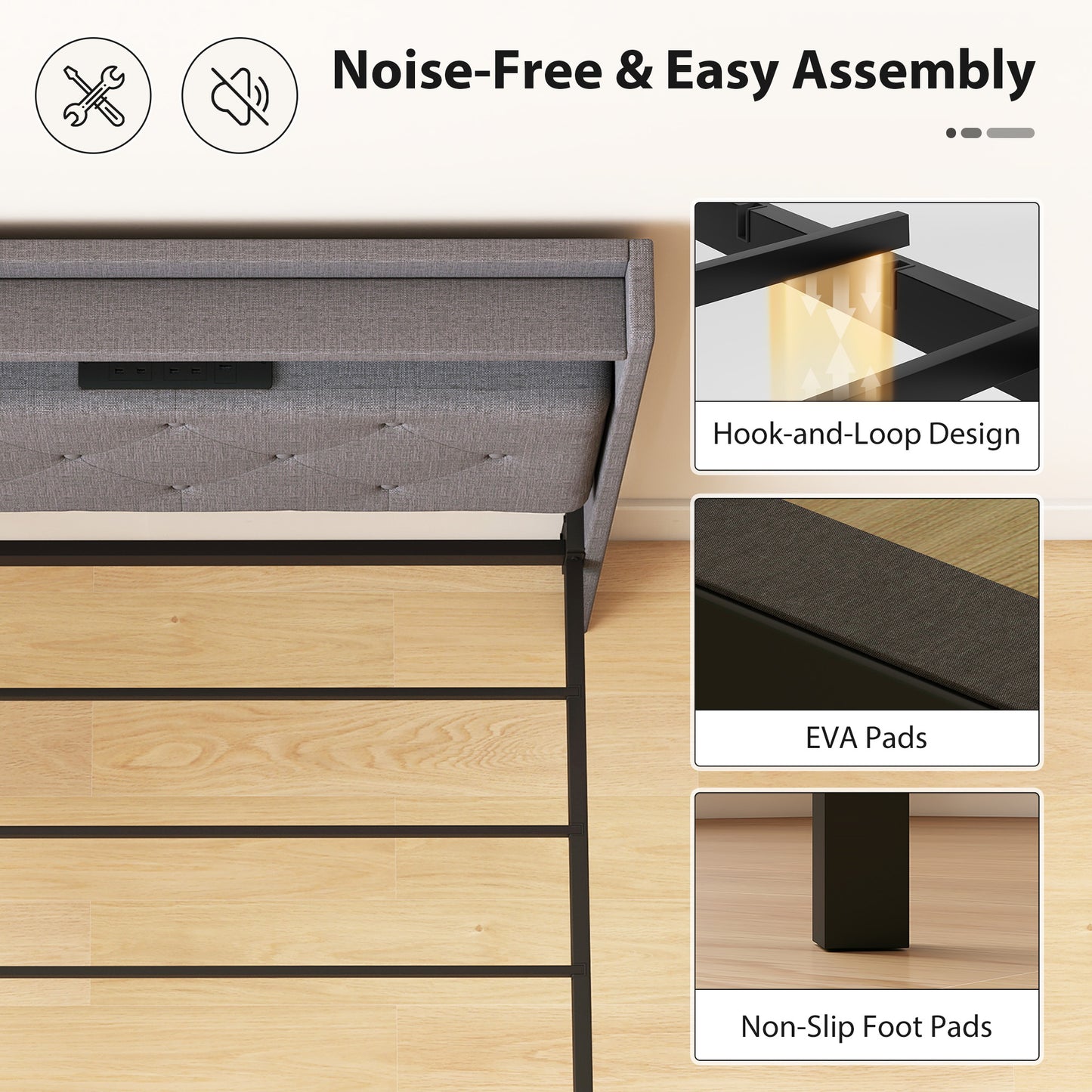 Floating Bed Frame with RGB Lights, Upholstered Single Size Bed, Grey