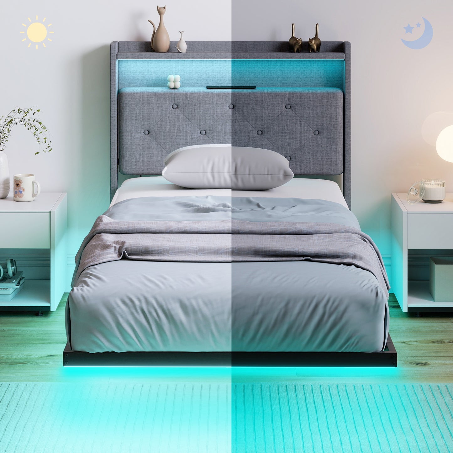 Floating Bed Frame with RGB Lights, Upholstered Single Size Bed, Grey