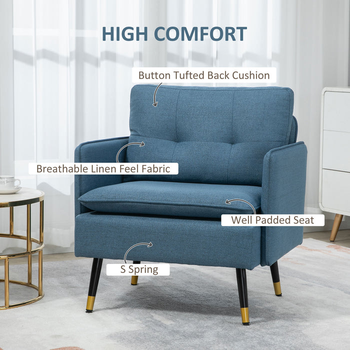 Modern Armchairs with Steel Legs, Upholstered Button Tufted Accent Chairs for Living Room and Bedroom, Blue