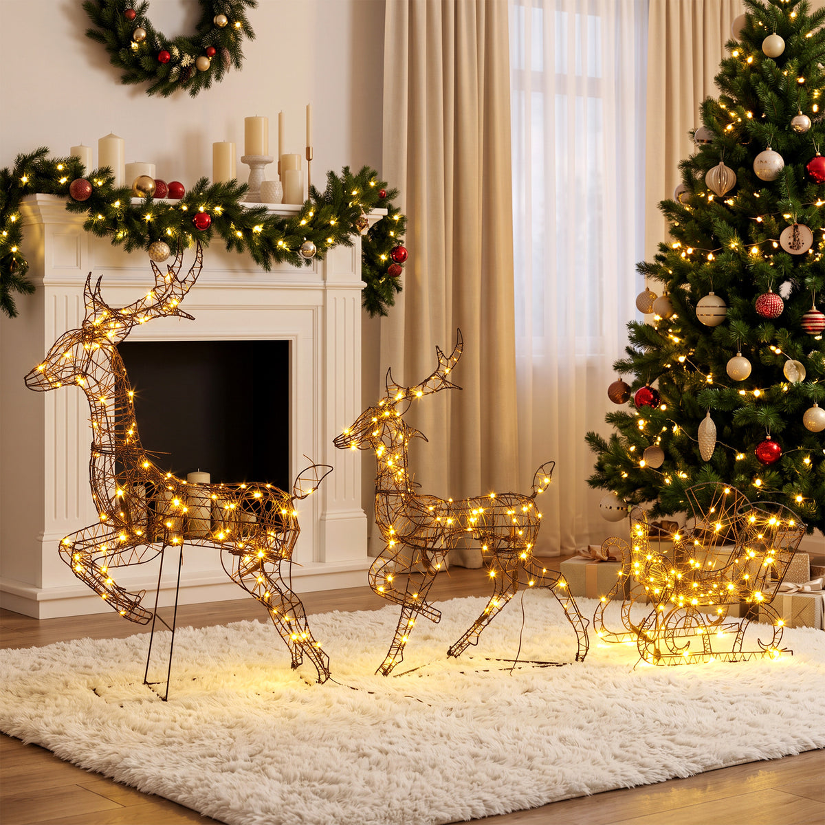3-Piece Christmas Lighted Reindeer and Sleigh Set for Outdoor