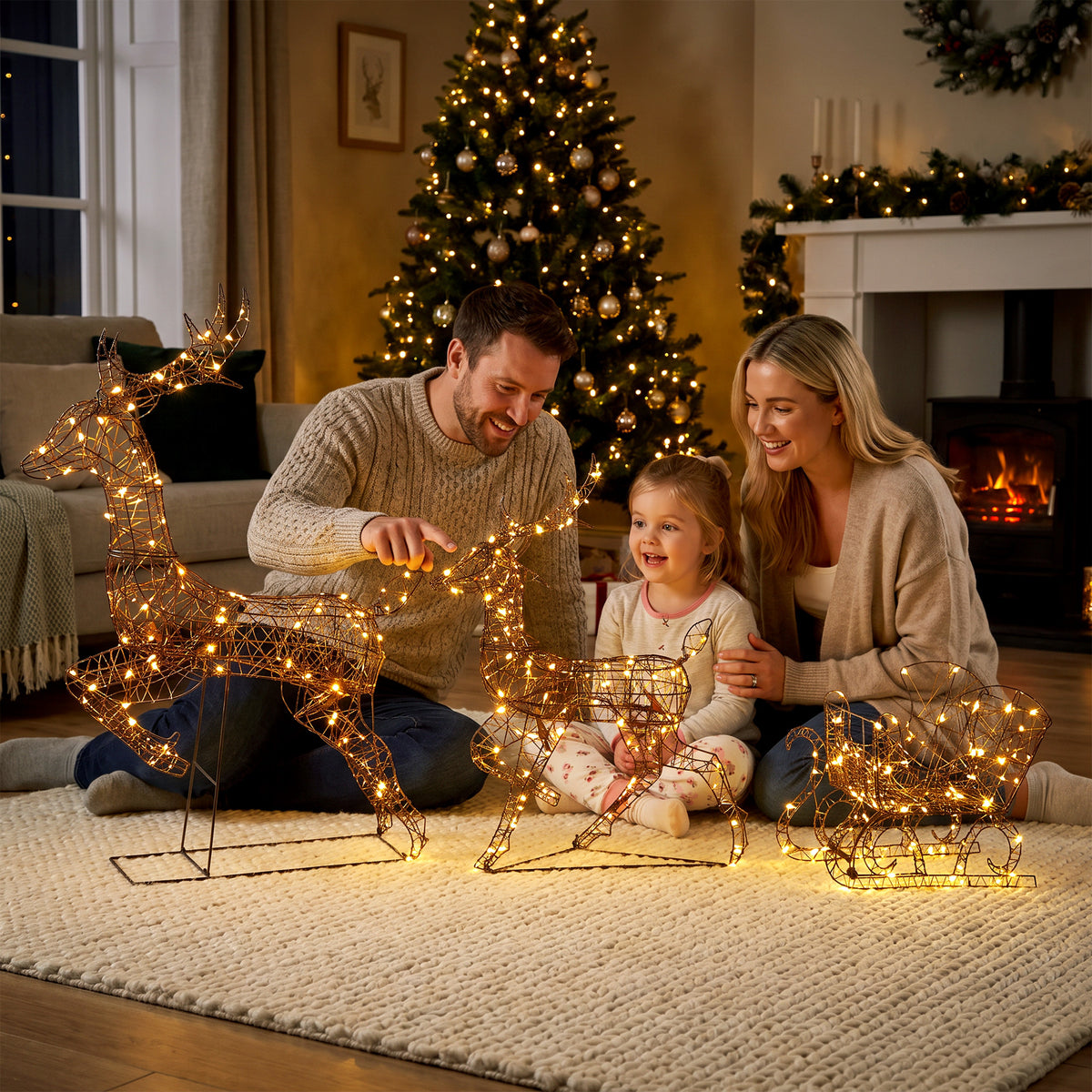 3-Piece Christmas Lighted Reindeer and Sleigh Set for Outdoor