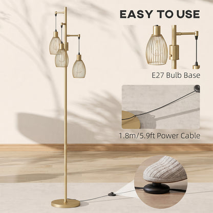 Industrial 3-Light Floor Lamp Dimmable LED Standing Lamp, Gold Tone