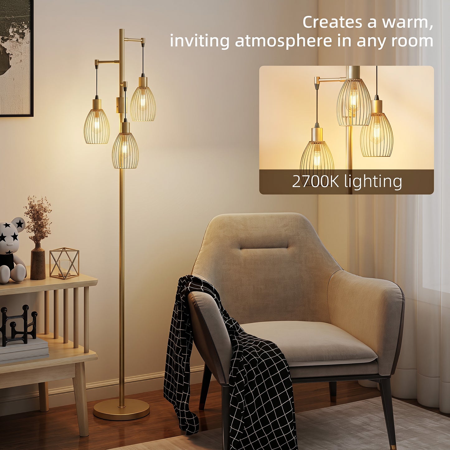 Industrial 3-Light Floor Lamp Dimmable LED Standing Lamp, Gold Tone