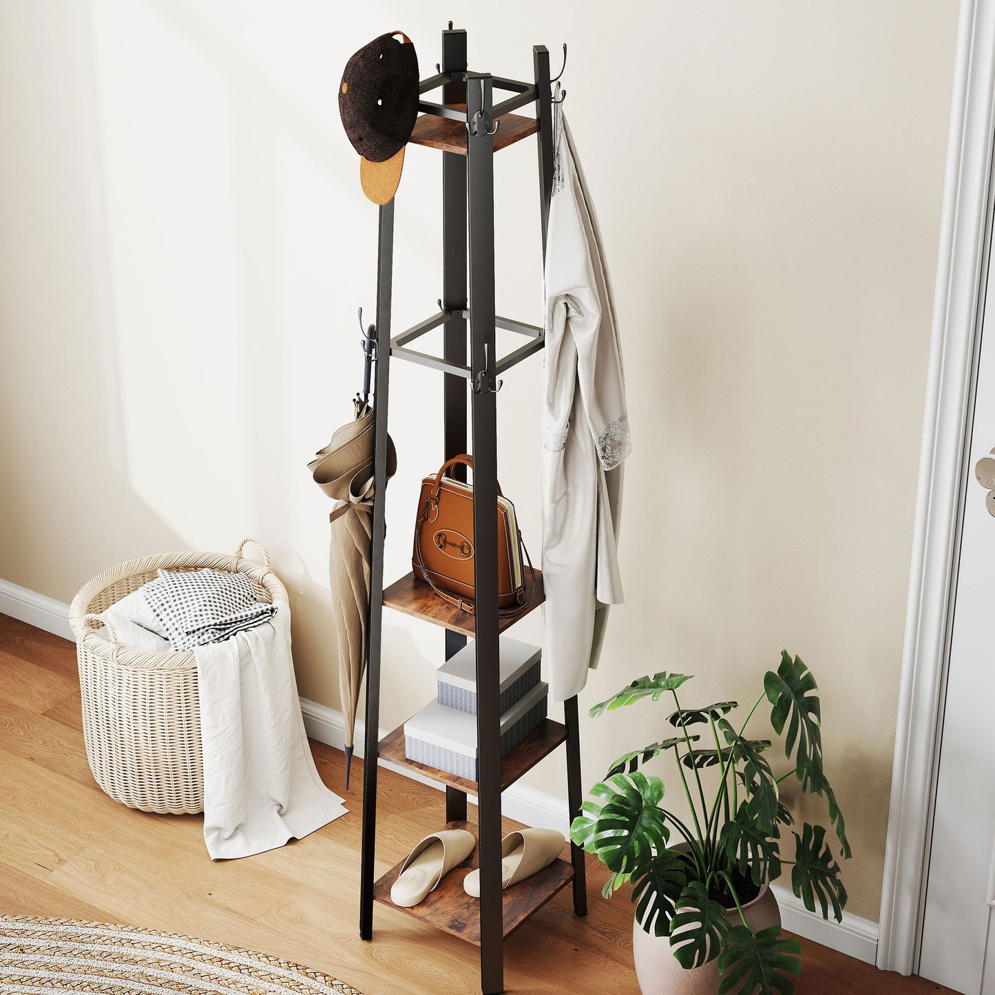 Industrial Coat Stand with 4 Storage Shelves and 8 Hooks Rustic Brown