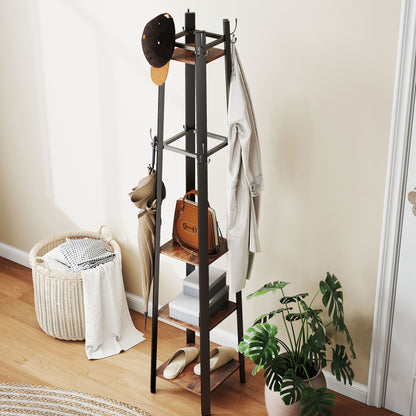 Industrial Coat Stand with 4 Storage Shelves and 8 Hooks Rustic Brown