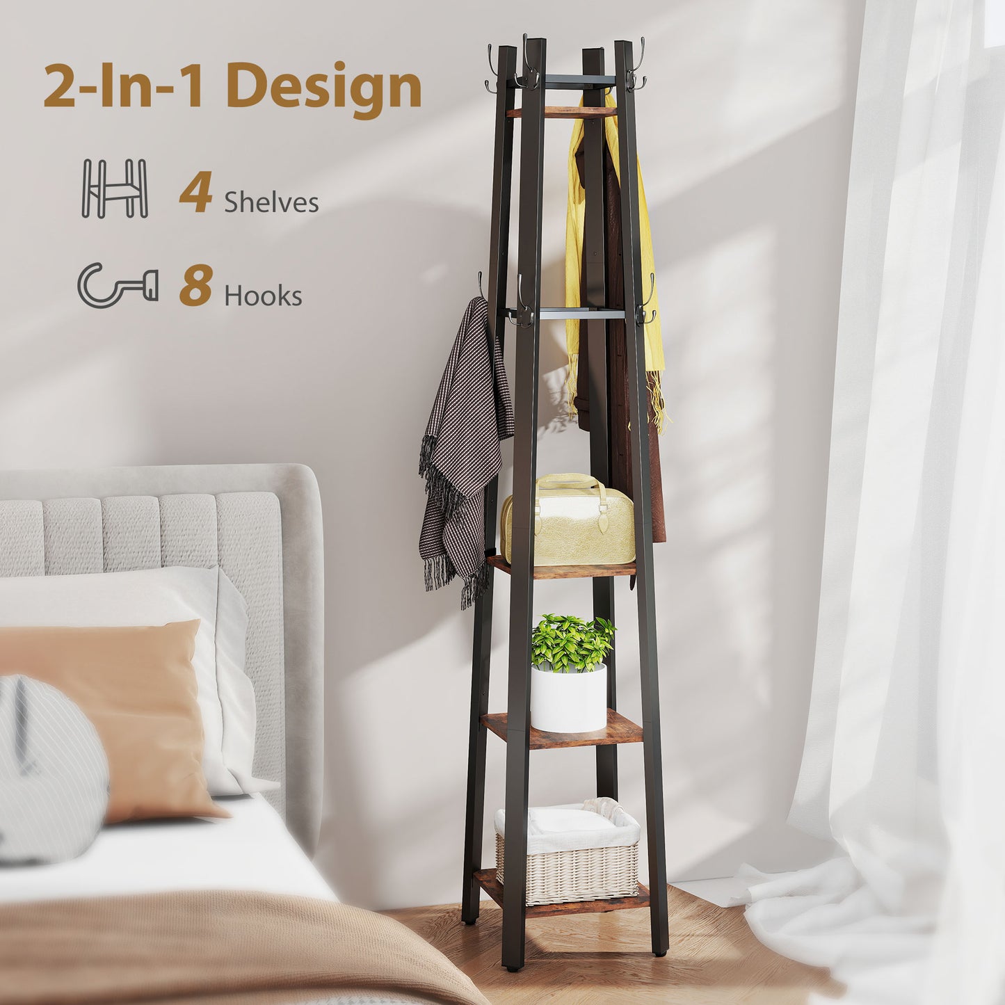 Industrial Coat Stand with 4 Storage Shelves and 8 Hooks Rustic Brown