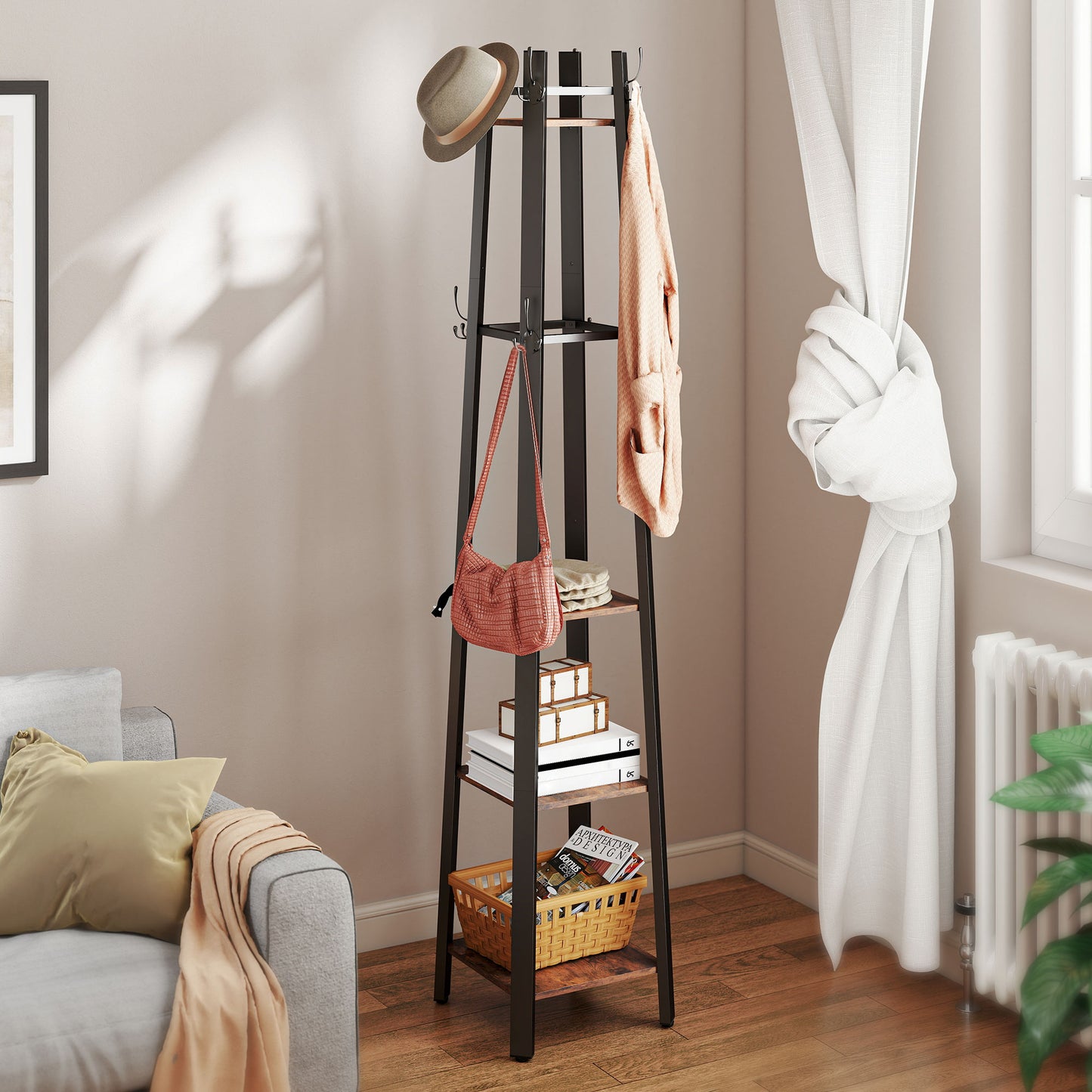Industrial Coat Stand with 4 Storage Shelves and 8 Hooks Rustic Brown
