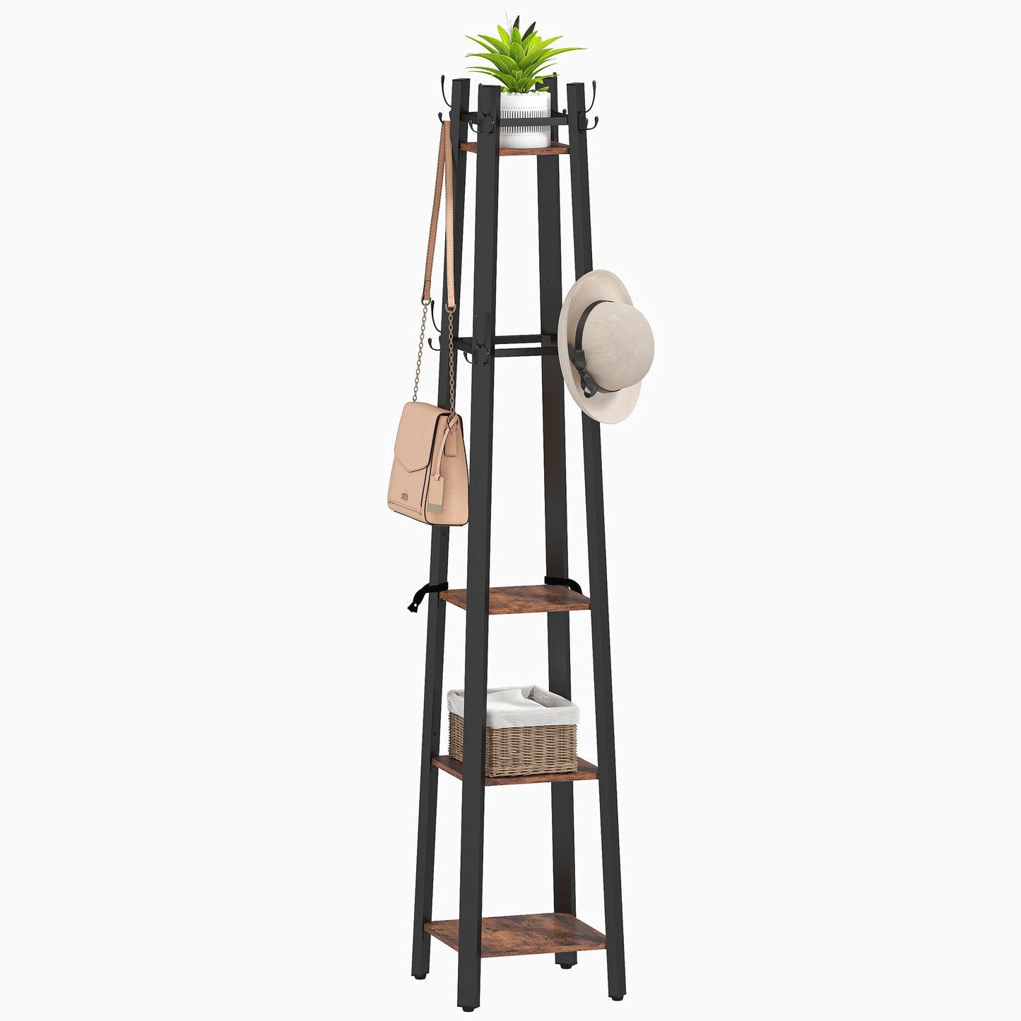 Industrial Coat Stand with 4 Storage Shelves and 8 Hooks Rustic Brown