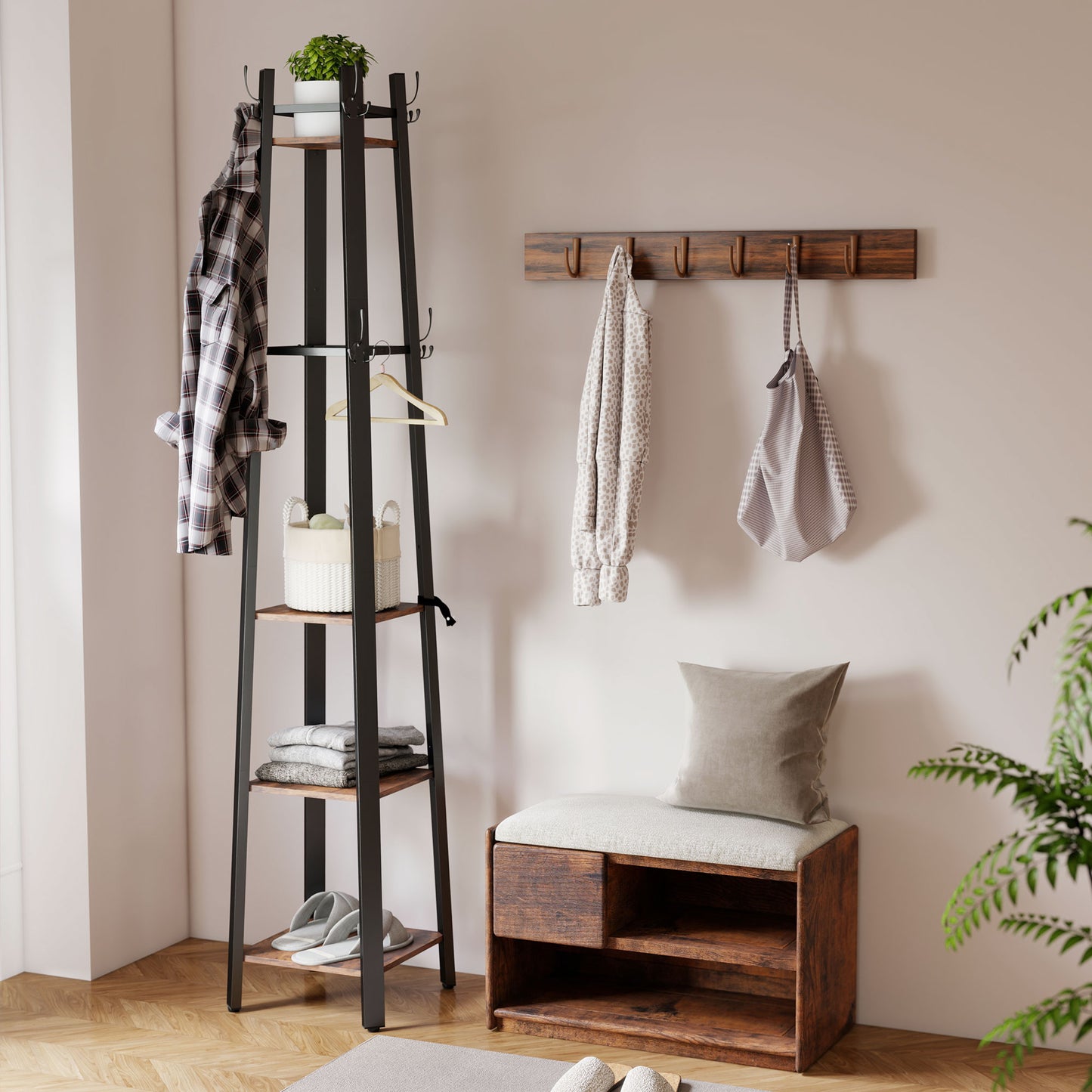 Industrial Coat Stand with 4 Storage Shelves and 8 Hooks Rustic Brown