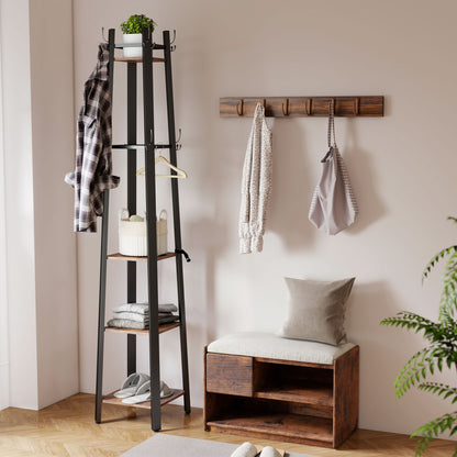 Industrial Coat Stand with 4 Storage Shelves and 8 Hooks Rustic Brown
