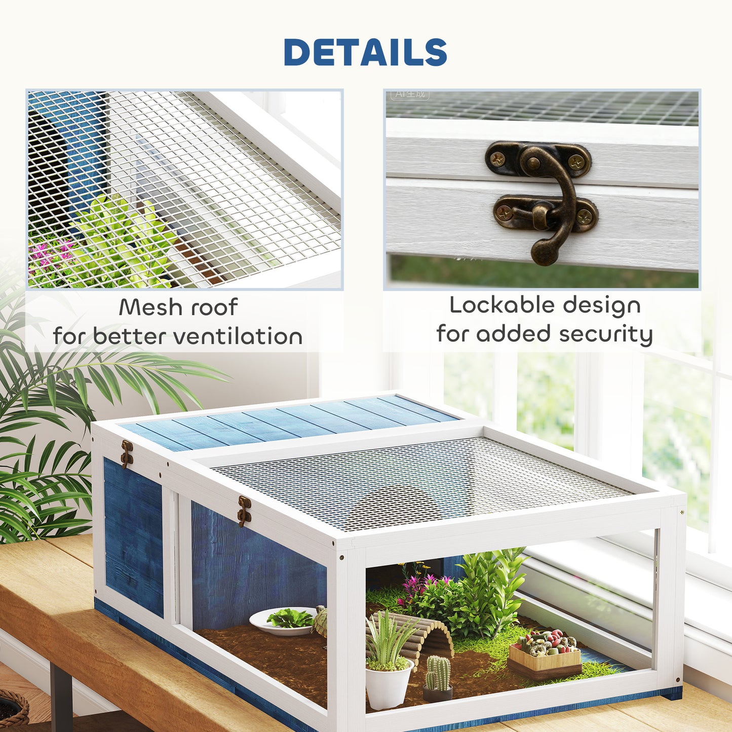 Tortoise House w/ Mesh Roof, Small Pet Reptile Wooden House - Blue