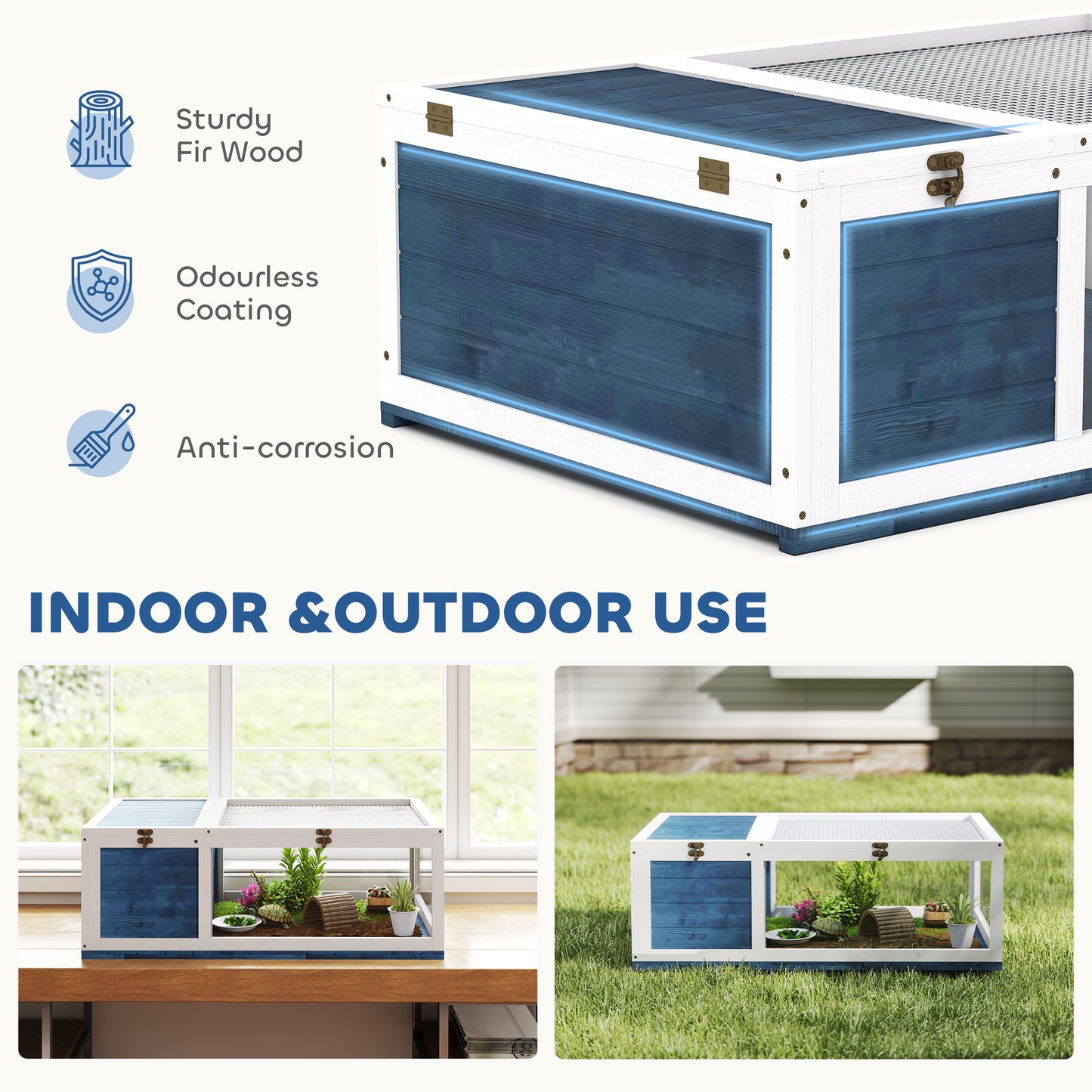 Tortoise House w/ Mesh Roof, Small Pet Reptile Wooden House - Blue