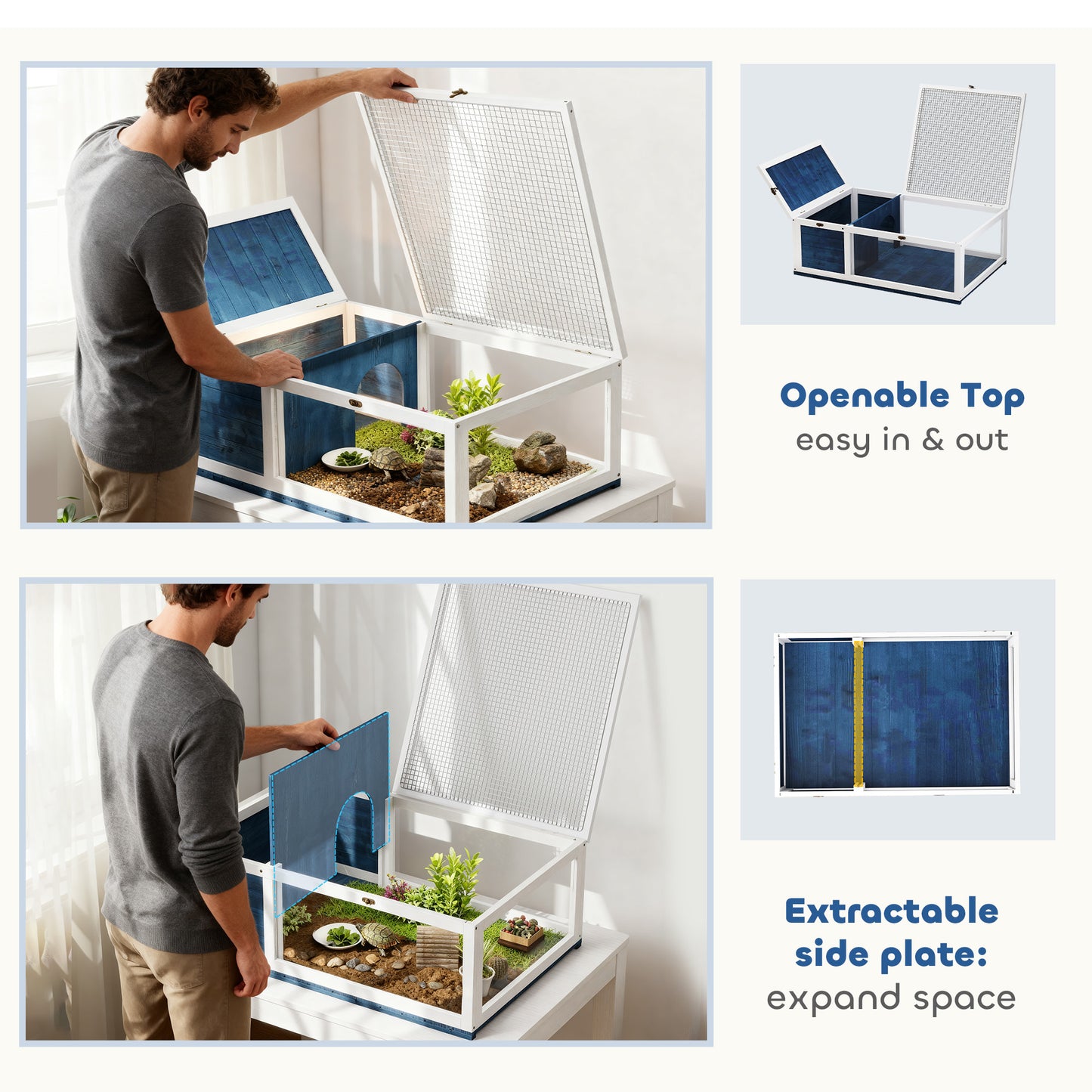 Tortoise House w/ Mesh Roof, Small Pet Reptile Wooden House - Blue
