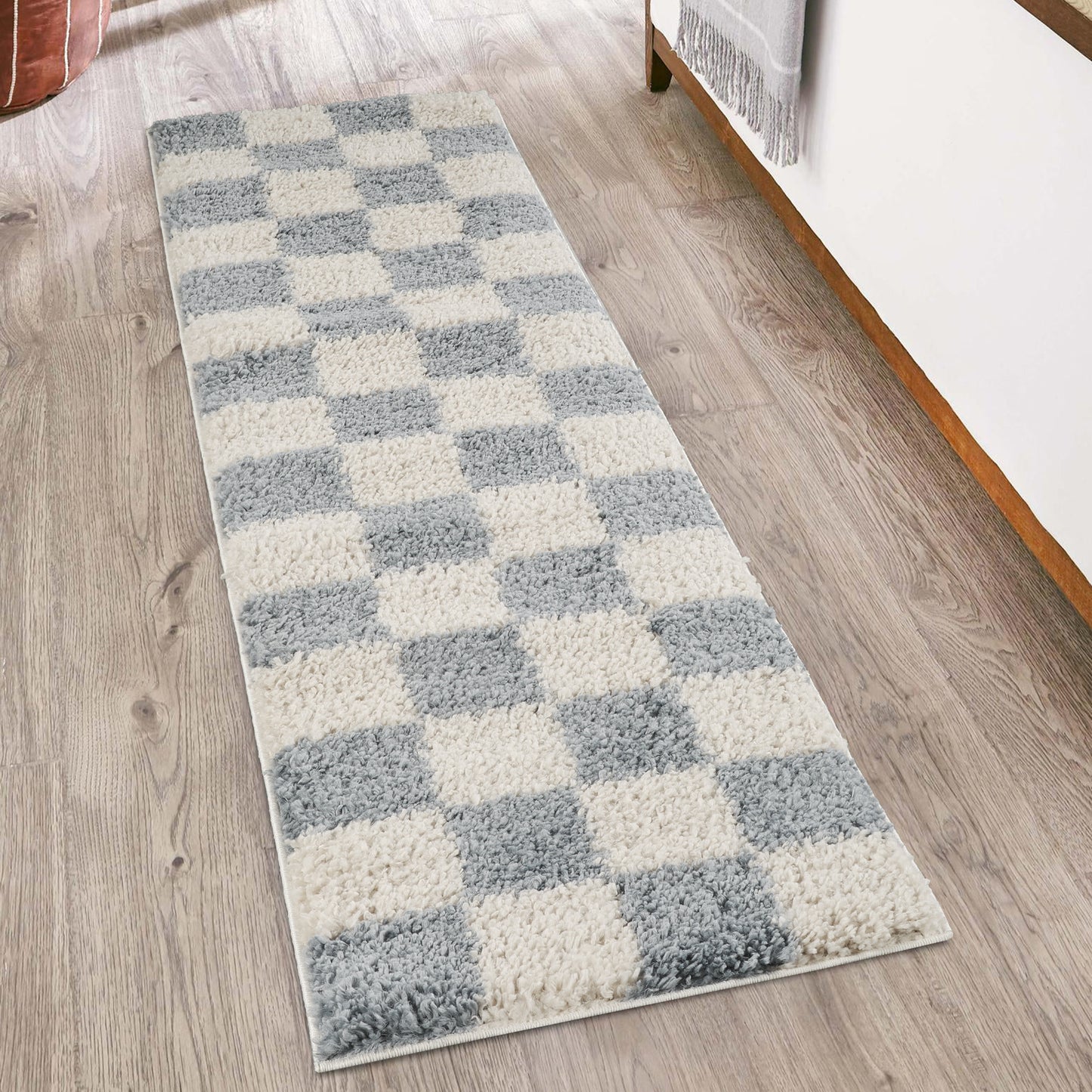 Chester Living Room Shaggy Area Rug Modern - Contemporary Checkered Design - 8 Colours Available
