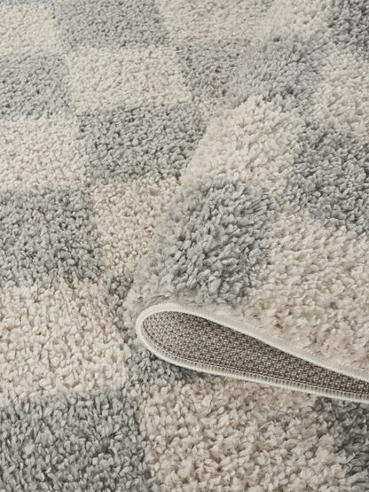 Chester Living Room Shaggy Area Rug Modern - Contemporary Checkered Design - 8 Colours Available