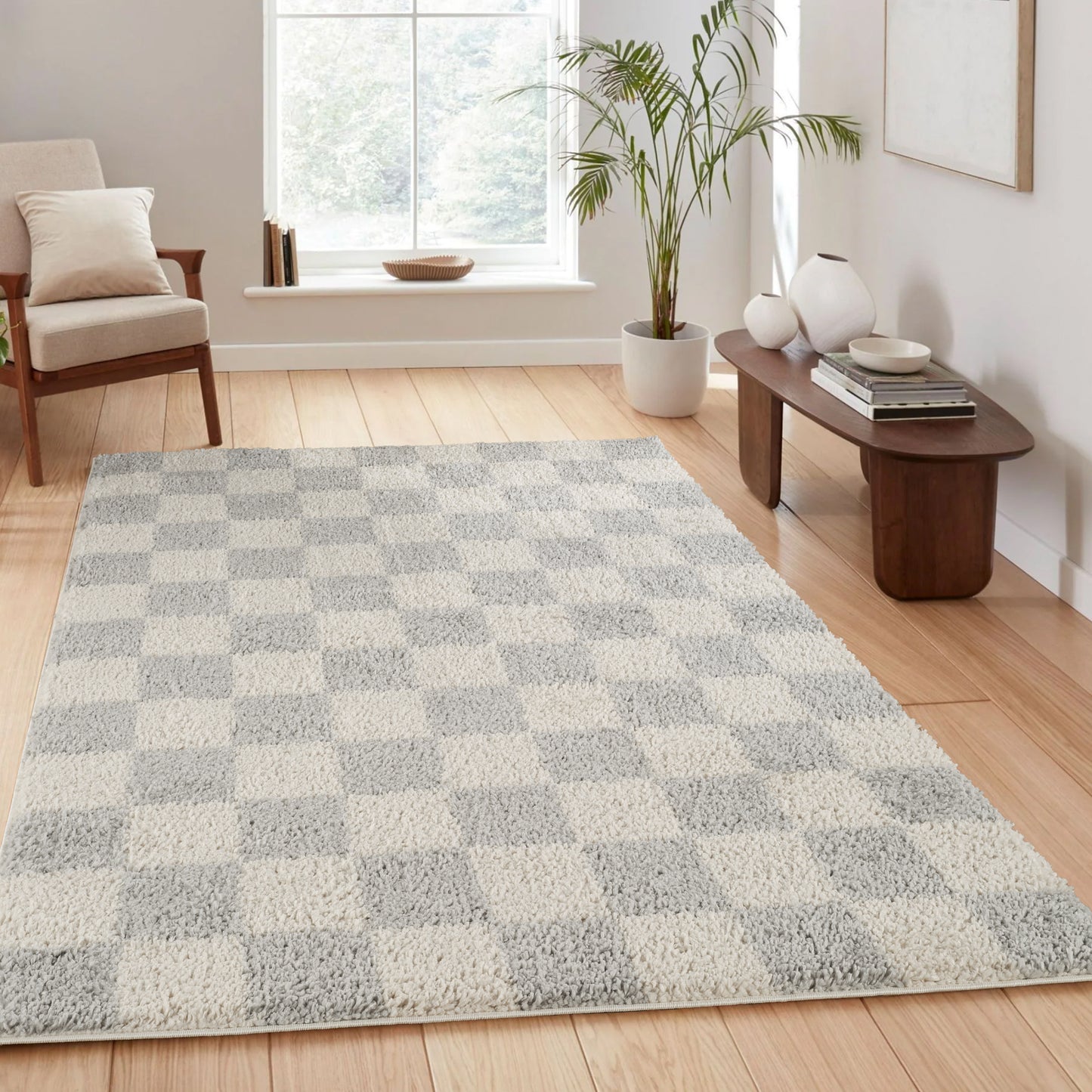 Chester Living Room Shaggy Area Rug Modern - Contemporary Checkered Design - 8 Colours Available