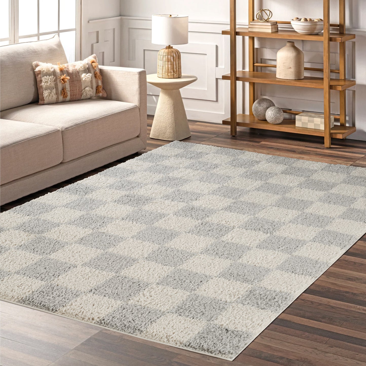 Chester Living Room Shaggy Area Rug Modern - Contemporary Checkered Design - 8 Colours Available