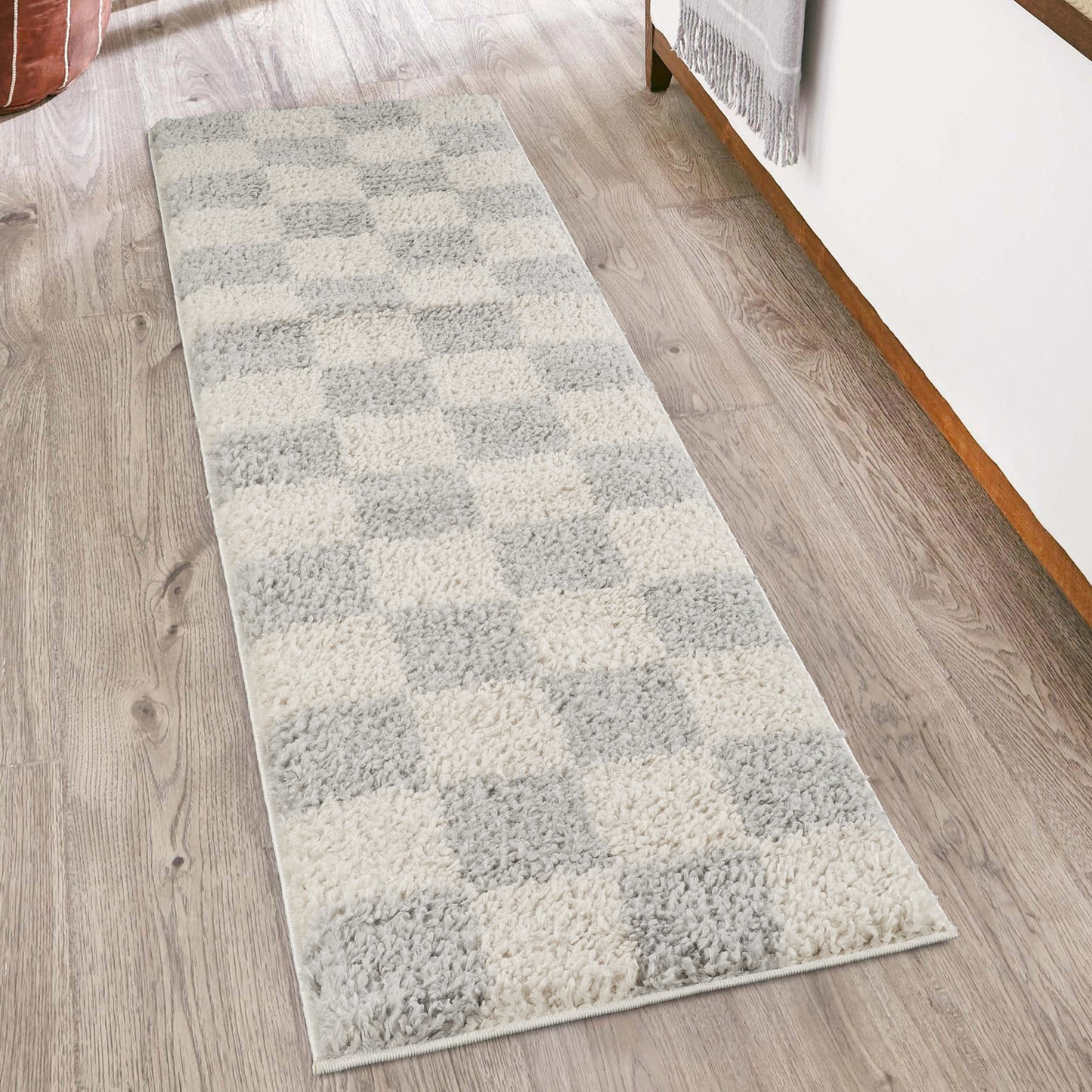 Chester Living Room Shaggy Area Rug Modern - Contemporary Checkered Design - 8 Colours Available
