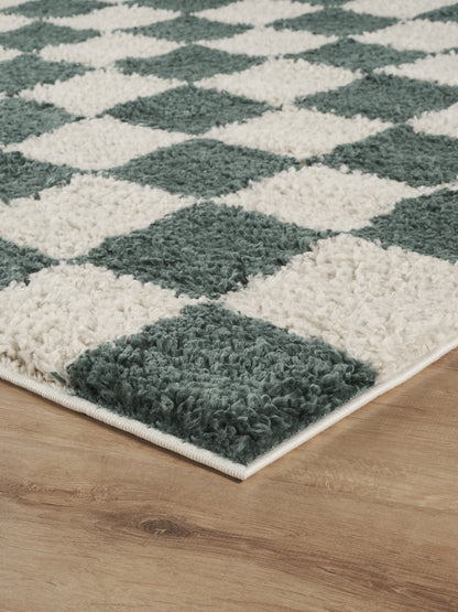 Chester Living Room Shaggy Area Rug Modern - Contemporary Checkered Design - 8 Colours Available