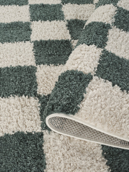 Chester Living Room Shaggy Area Rug Modern - Contemporary Checkered Design - 8 Colours Available
