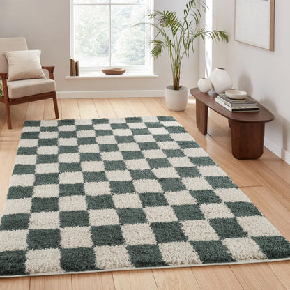 Chester Living Room Shaggy Area Rug Modern - Contemporary Checkered Design - 8 Colours Available