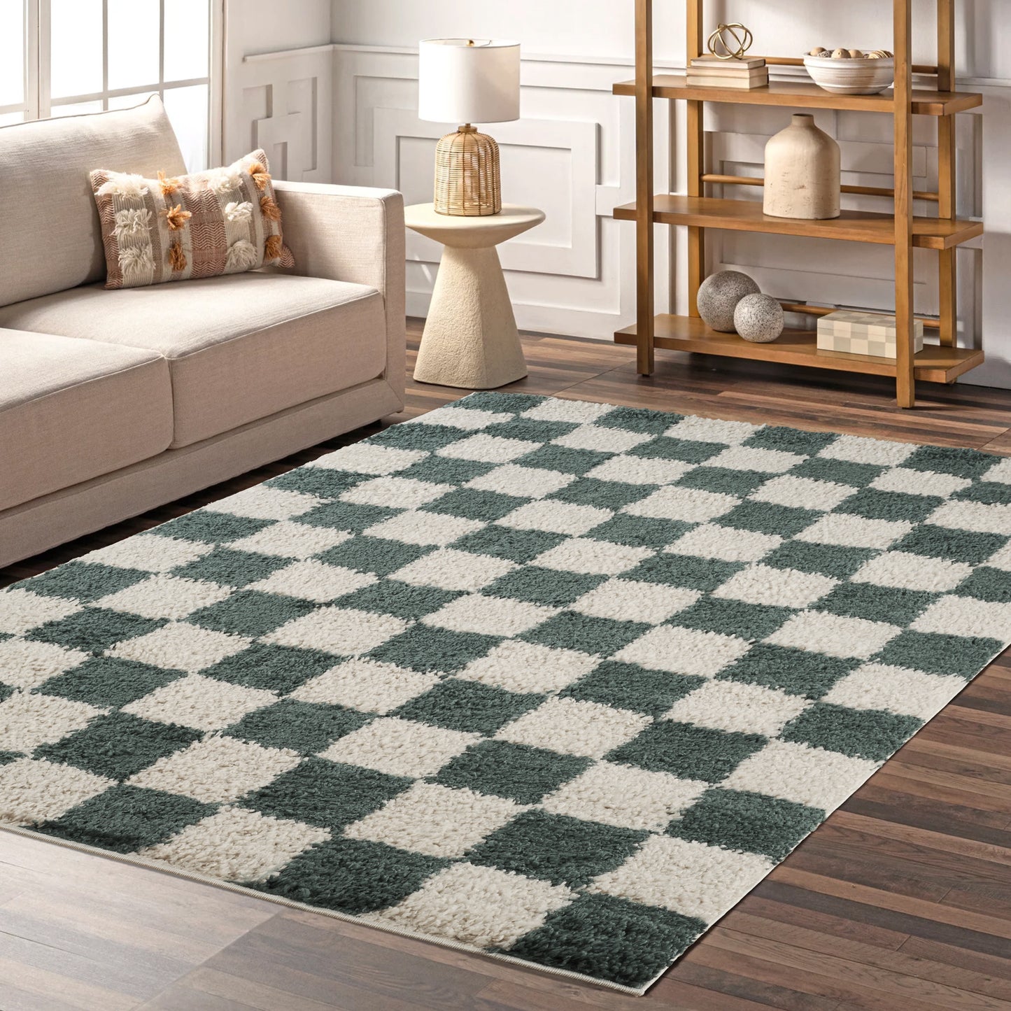 Chester Living Room Shaggy Area Rug Modern - Contemporary Checkered Design - 8 Colours Available