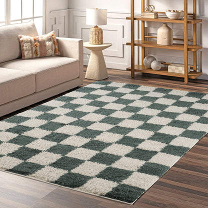 Chester Living Room Shaggy Area Rug Modern - Contemporary Checkered Design - 8 Colours Available