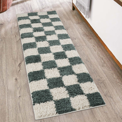 Chester Living Room Shaggy Area Rug Modern - Contemporary Checkered Design - 8 Colours Available