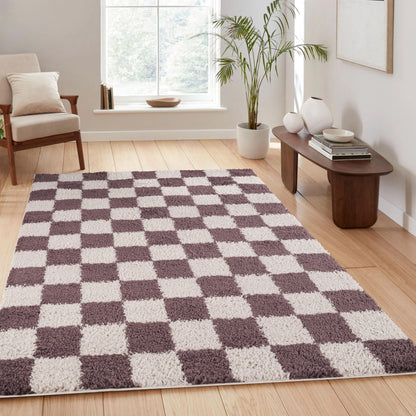 Chester Living Room Shaggy Area Rug Modern - Contemporary Checkered Design - 8 Colours Available
