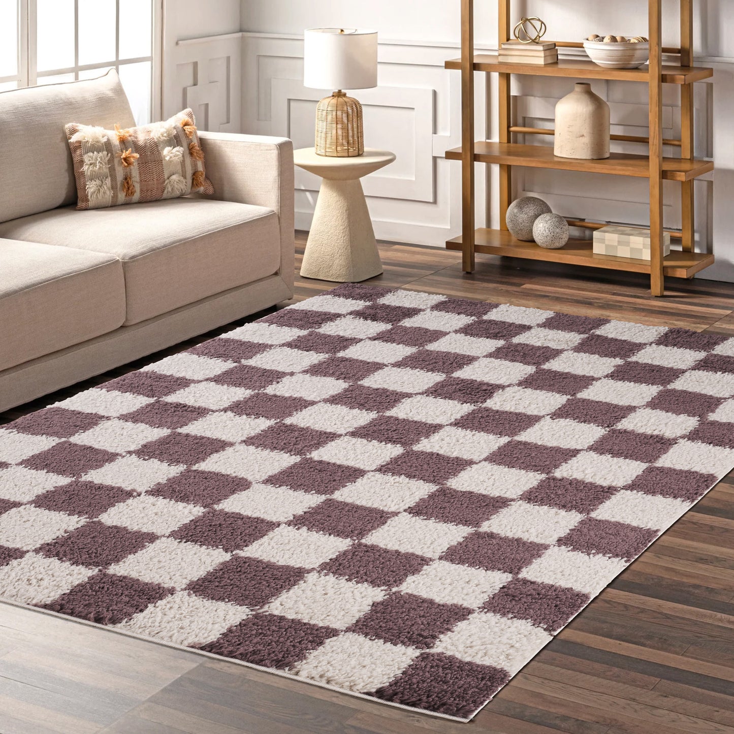 Chester Living Room Shaggy Area Rug Modern - Contemporary Checkered Design - 8 Colours Available