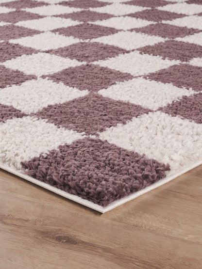 Chester Living Room Shaggy Area Rug Modern - Contemporary Checkered Design - 8 Colours Available