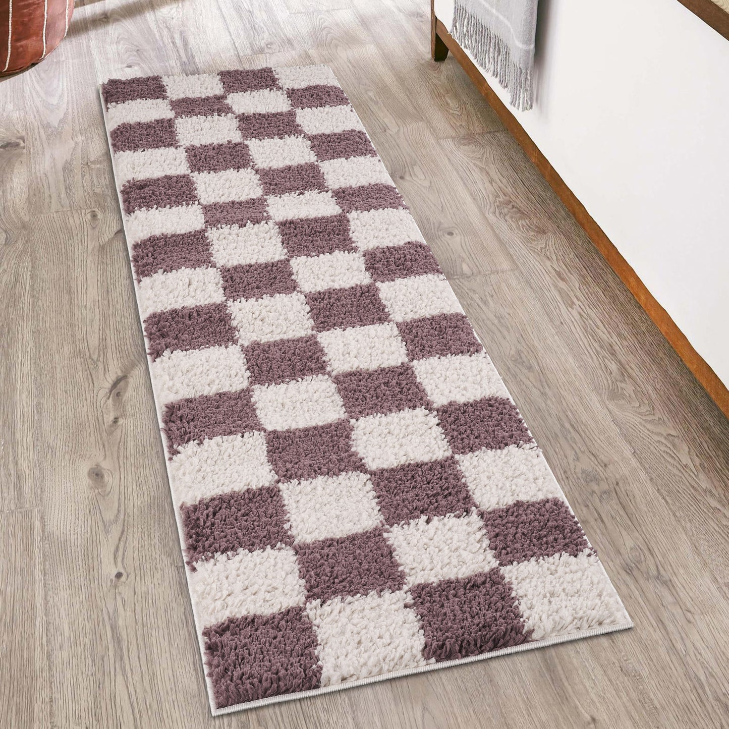 Chester Living Room Shaggy Area Rug Modern - Contemporary Checkered Design - 8 Colours Available