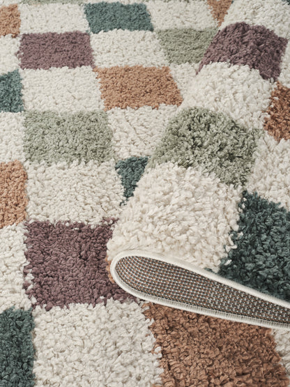 Chester Living Room Shaggy Area Rug Modern - Contemporary Checkered Design - 8 Colours Available