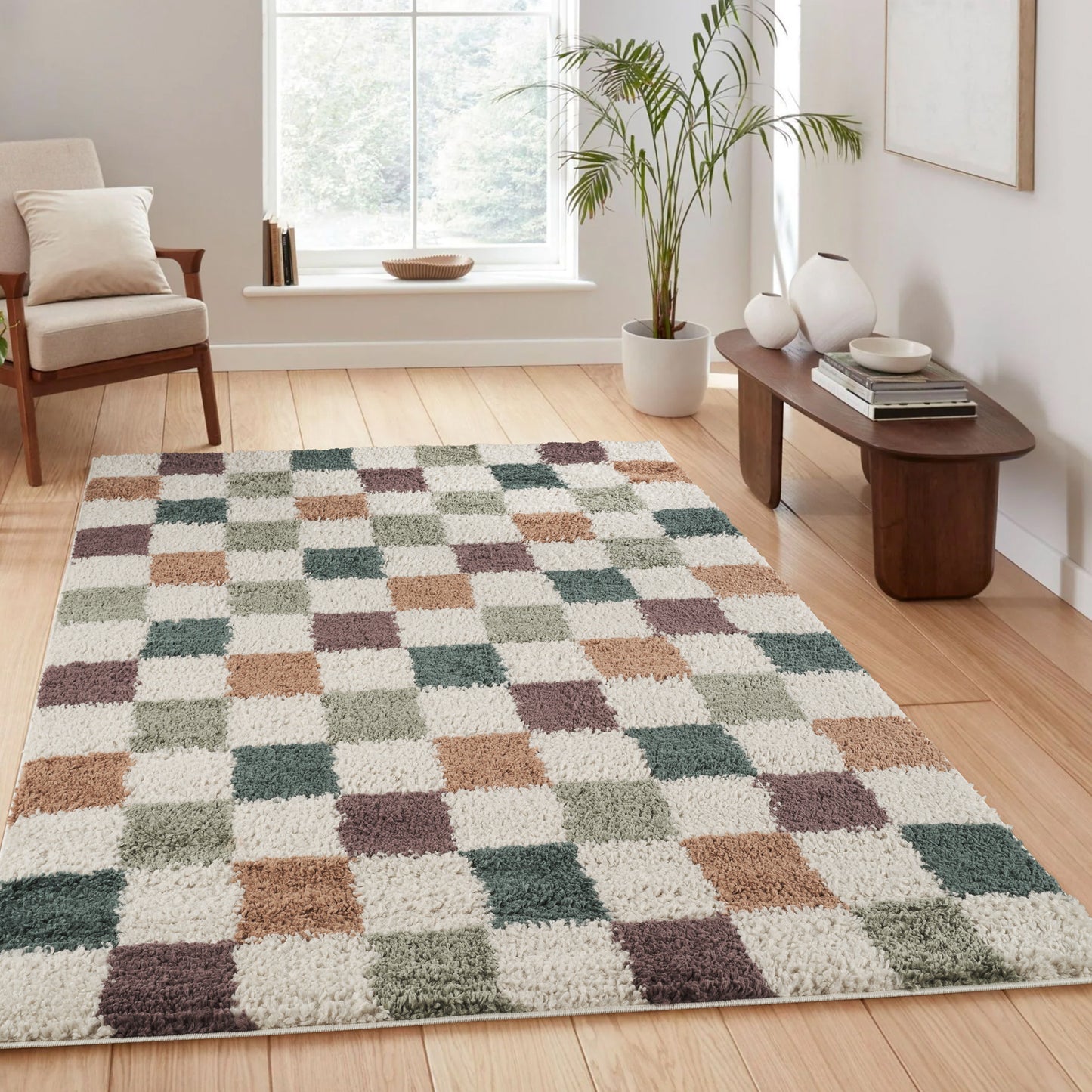 Chester Living Room Shaggy Area Rug Modern - Contemporary Checkered Design - 8 Colours Available