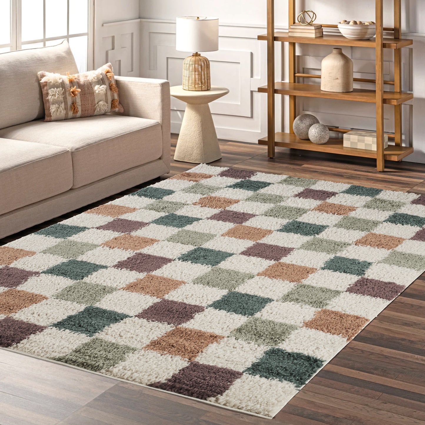 Chester Living Room Shaggy Area Rug Modern - Contemporary Checkered Design - 8 Colours Available