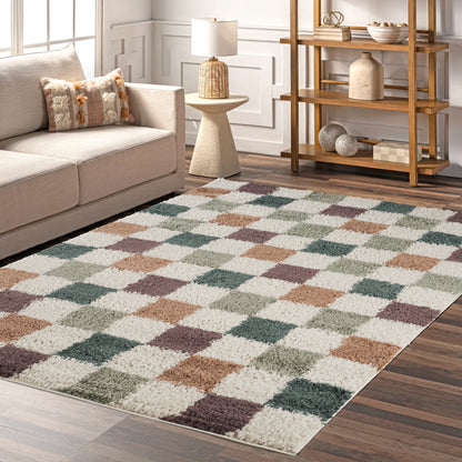 Chester Living Room Shaggy Area Rug Modern - Contemporary Checkered Design - 8 Colours Available