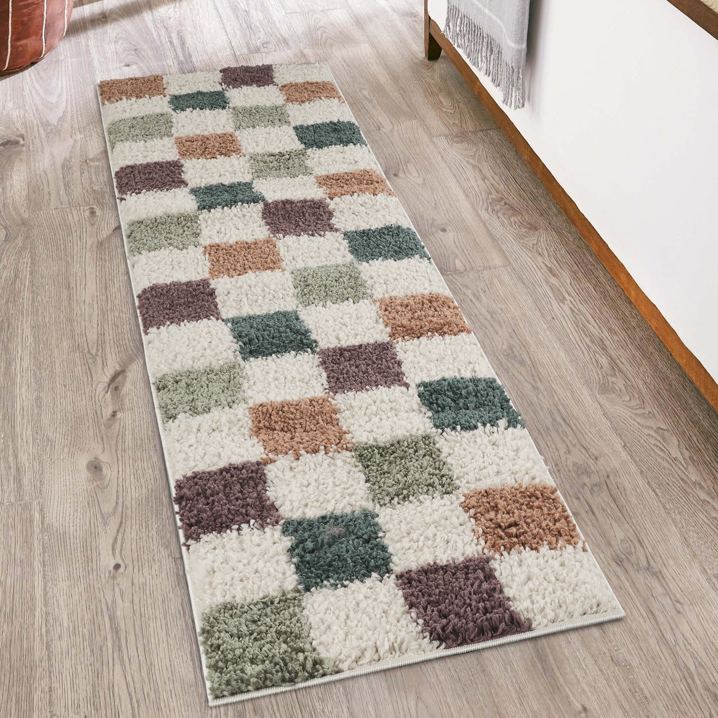 Chester Living Room Shaggy Area Rug Modern - Contemporary Checkered Design - 8 Colours Available