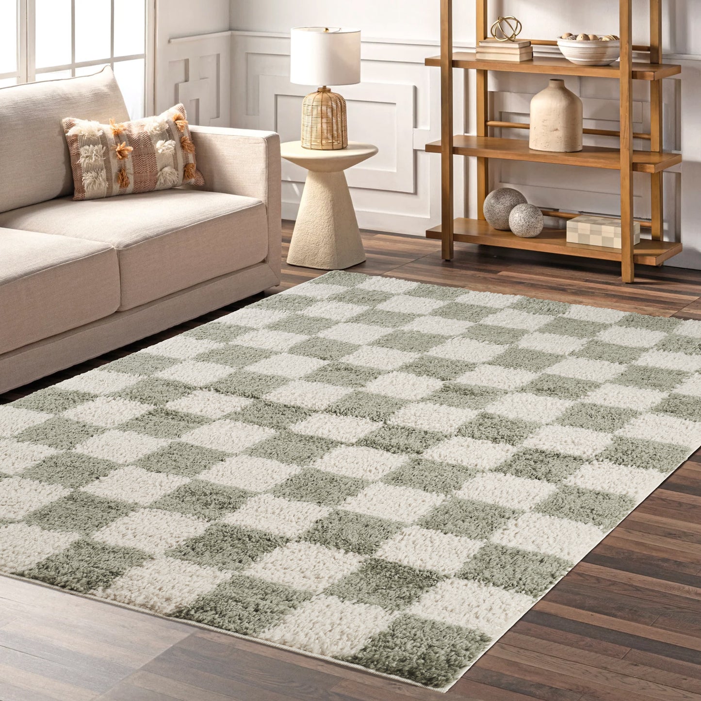 Chester Living Room Shaggy Area Rug Modern - Contemporary Checkered Design - 8 Colours Available