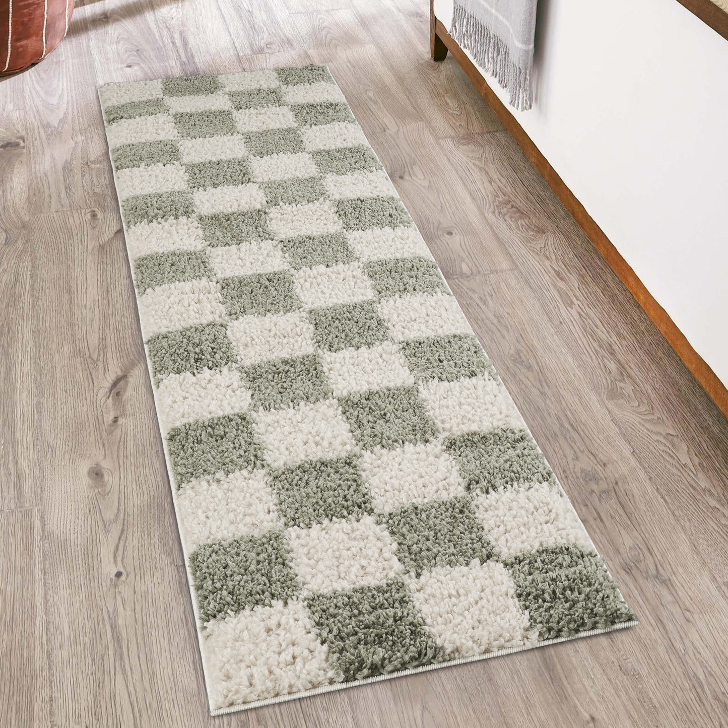 Chester Living Room Shaggy Area Rug Modern - Contemporary Checkered Design - 8 Colours Available
