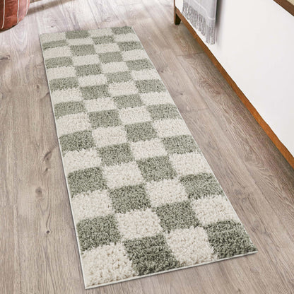 Chester Living Room Shaggy Area Rug Modern - Contemporary Checkered Design - 8 Colours Available
