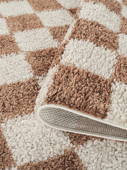 Chester Living Room Shaggy Area Rug Modern - Contemporary Checkered Design - 8 Colours Available